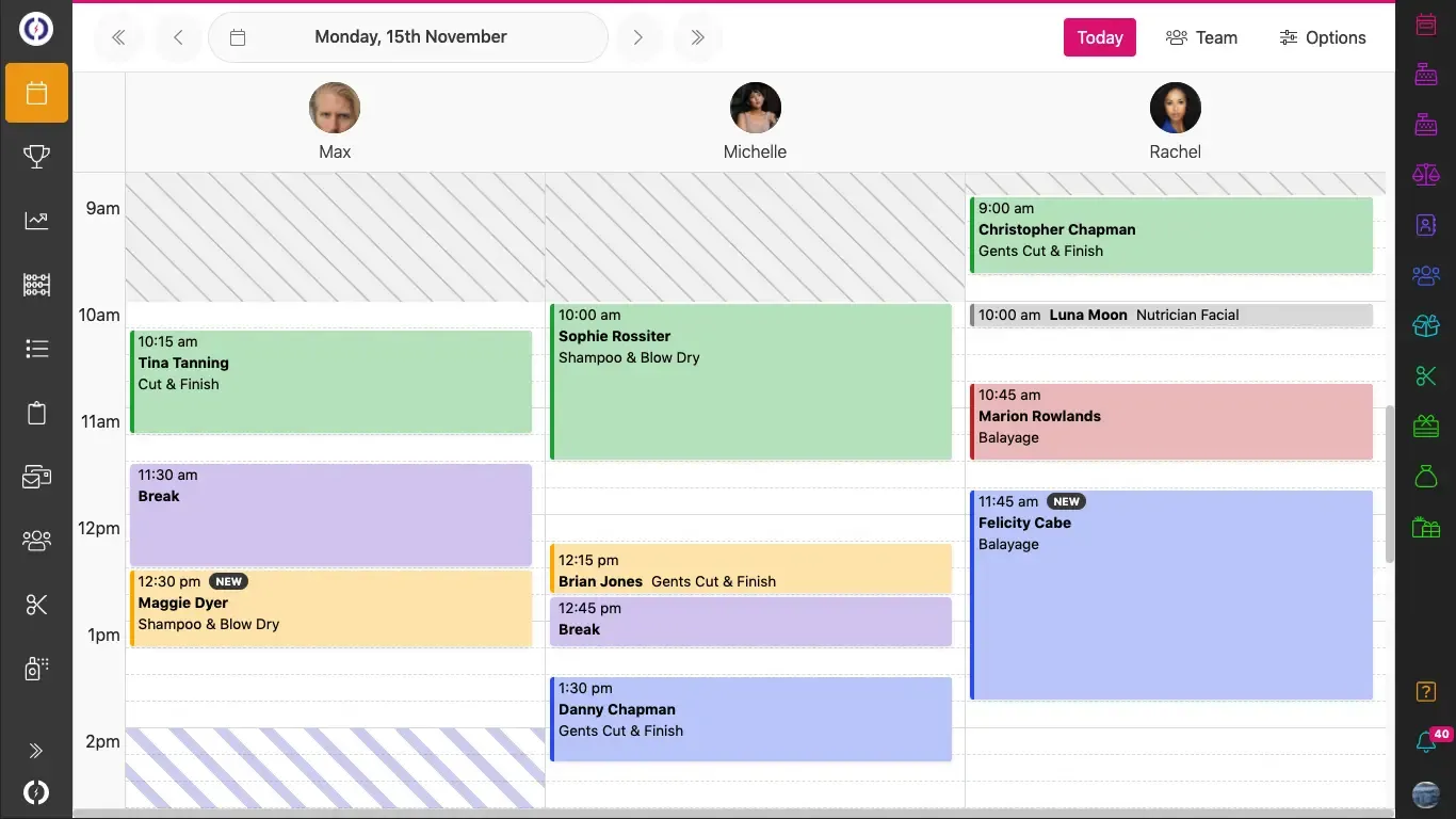 Screenshot of salon booking software