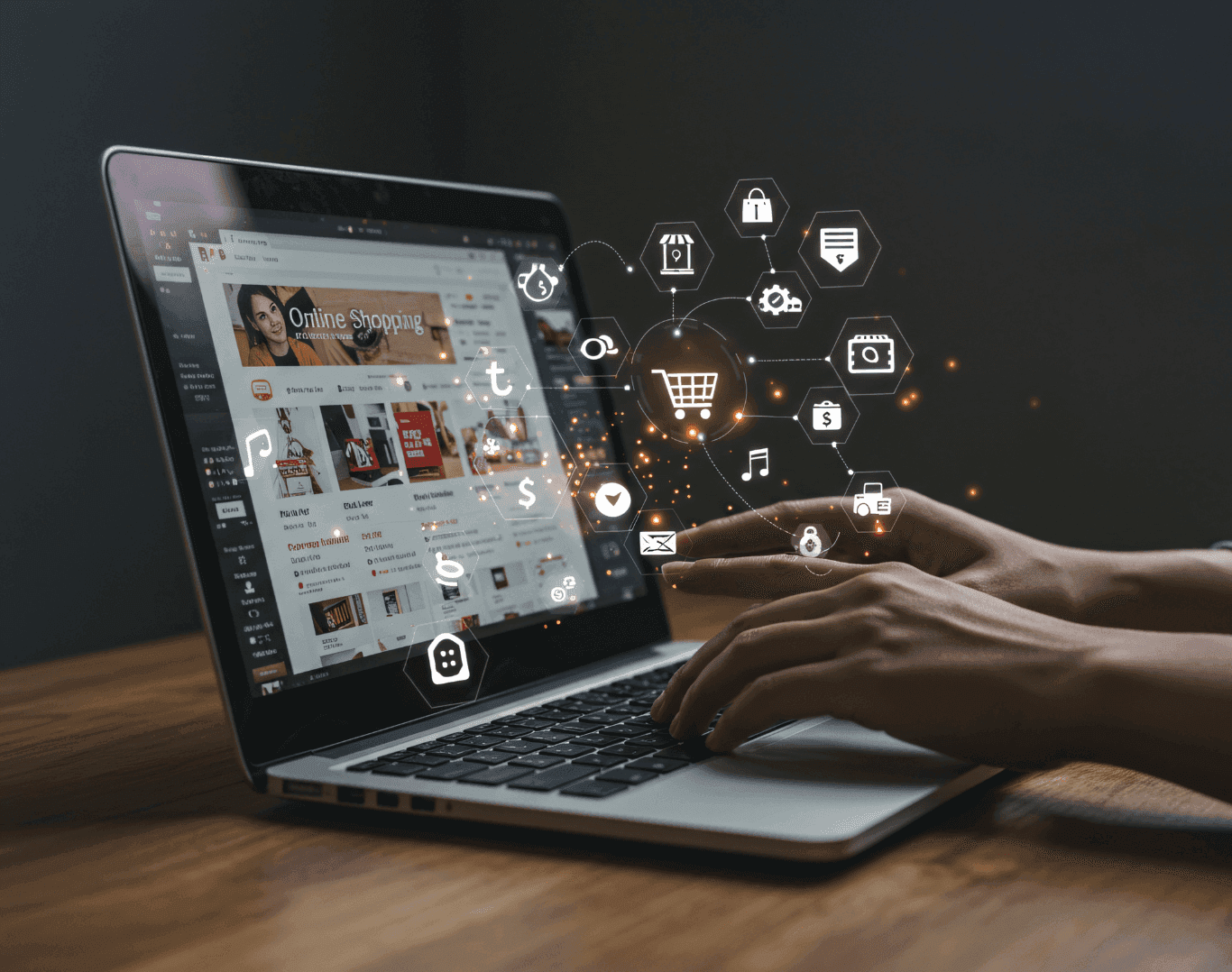 Hands typing on a laptop with floating digital icons representing social media, shopping, and online content creation.