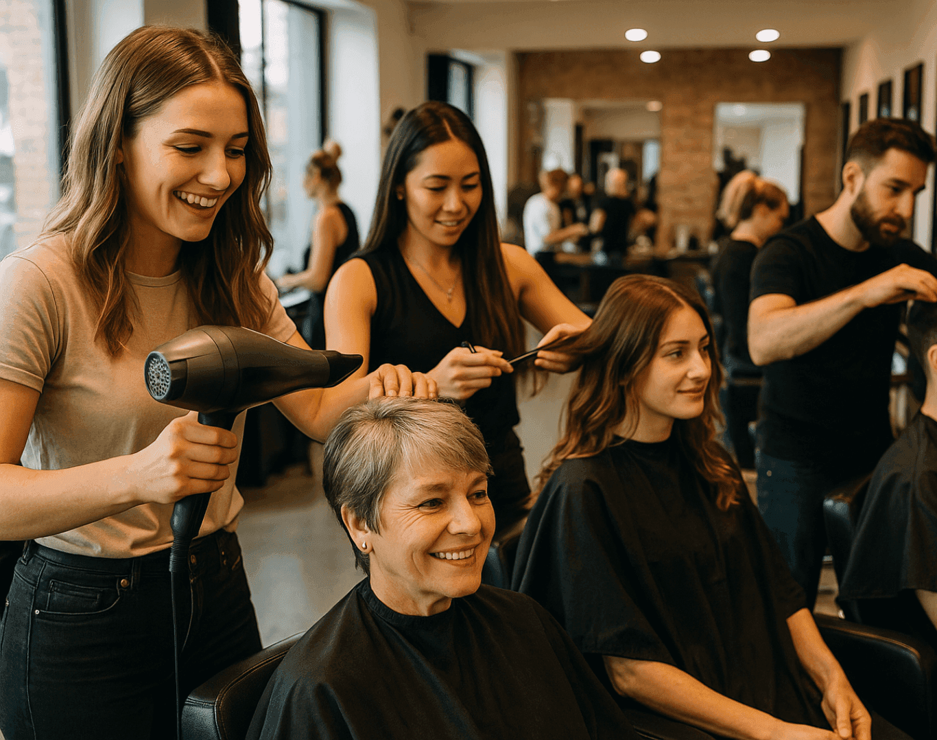 Hair stylists working with clients in a busy modern salon, showing a friendly and professional atmosphere.