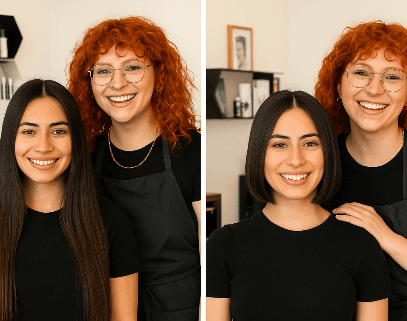 Side-by-side before and after photos of a happy salon client, showing a long hairstyle transformed into a sleek short cut, with the smiling stylist standing beside her.