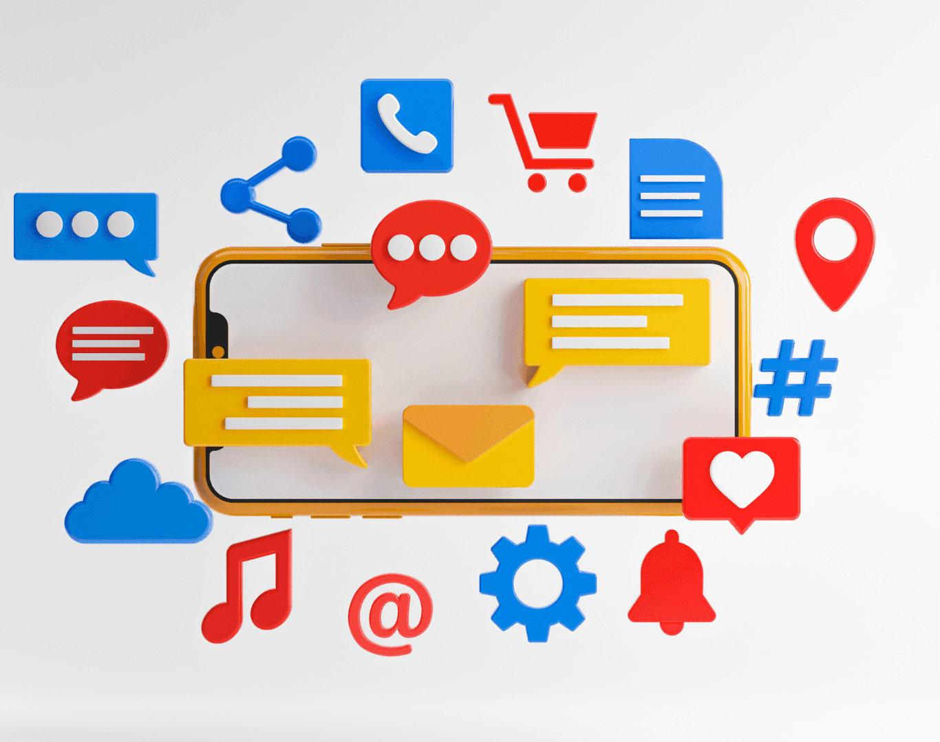 3D illustration of a smartphone surrounded by colourful social media icons such as likes, comments, messages, and shares, representing online engagement.