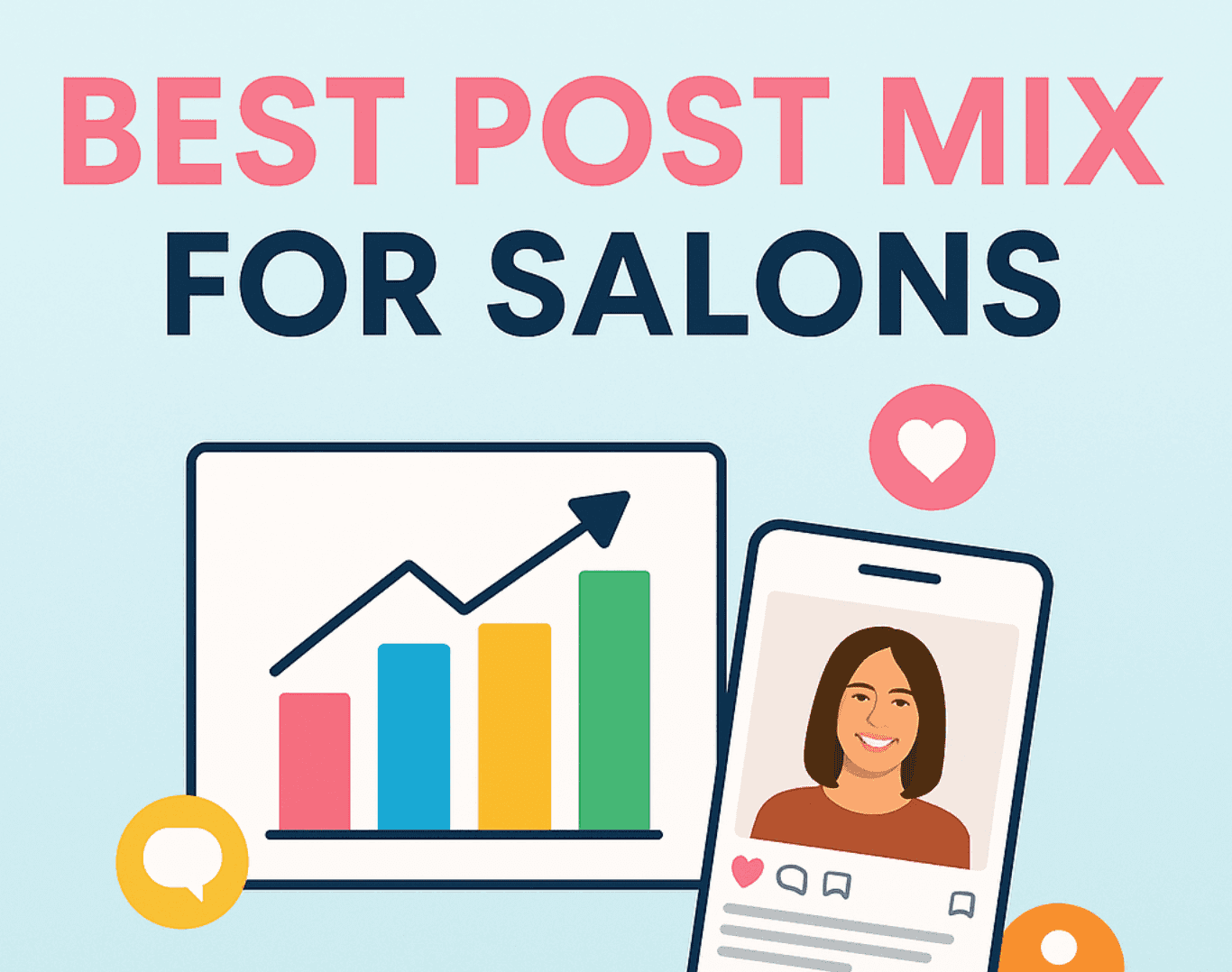 Illustration showing a bar chart with rising engagement and a smartphone displaying a social media post, representing the best content mix for salons.