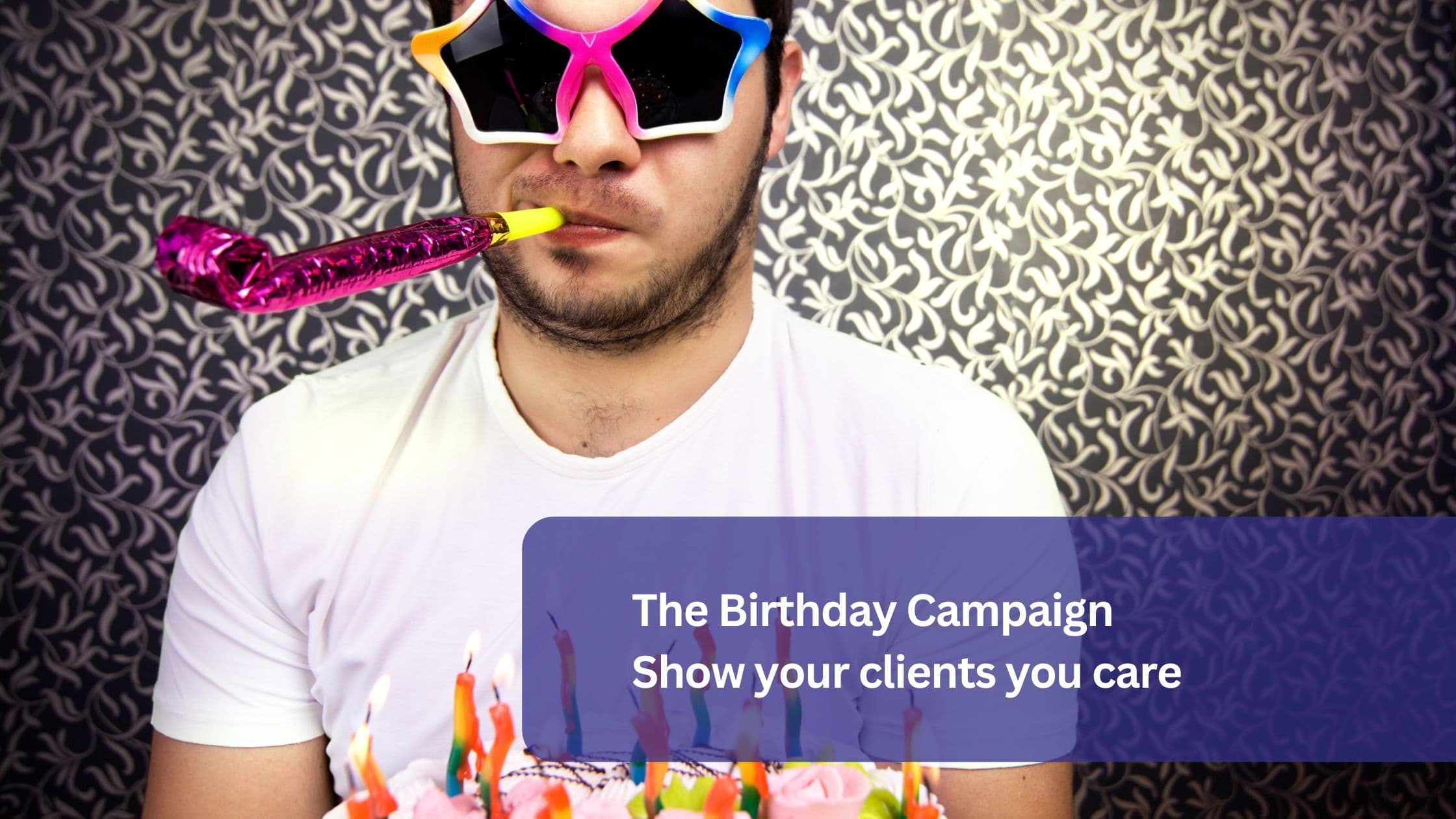 A man wearing playful star-shaped glasses and blowing a party horn while holding a birthday cake with candles, symbolizing a fun and engaging birthday campaign for salon clients.