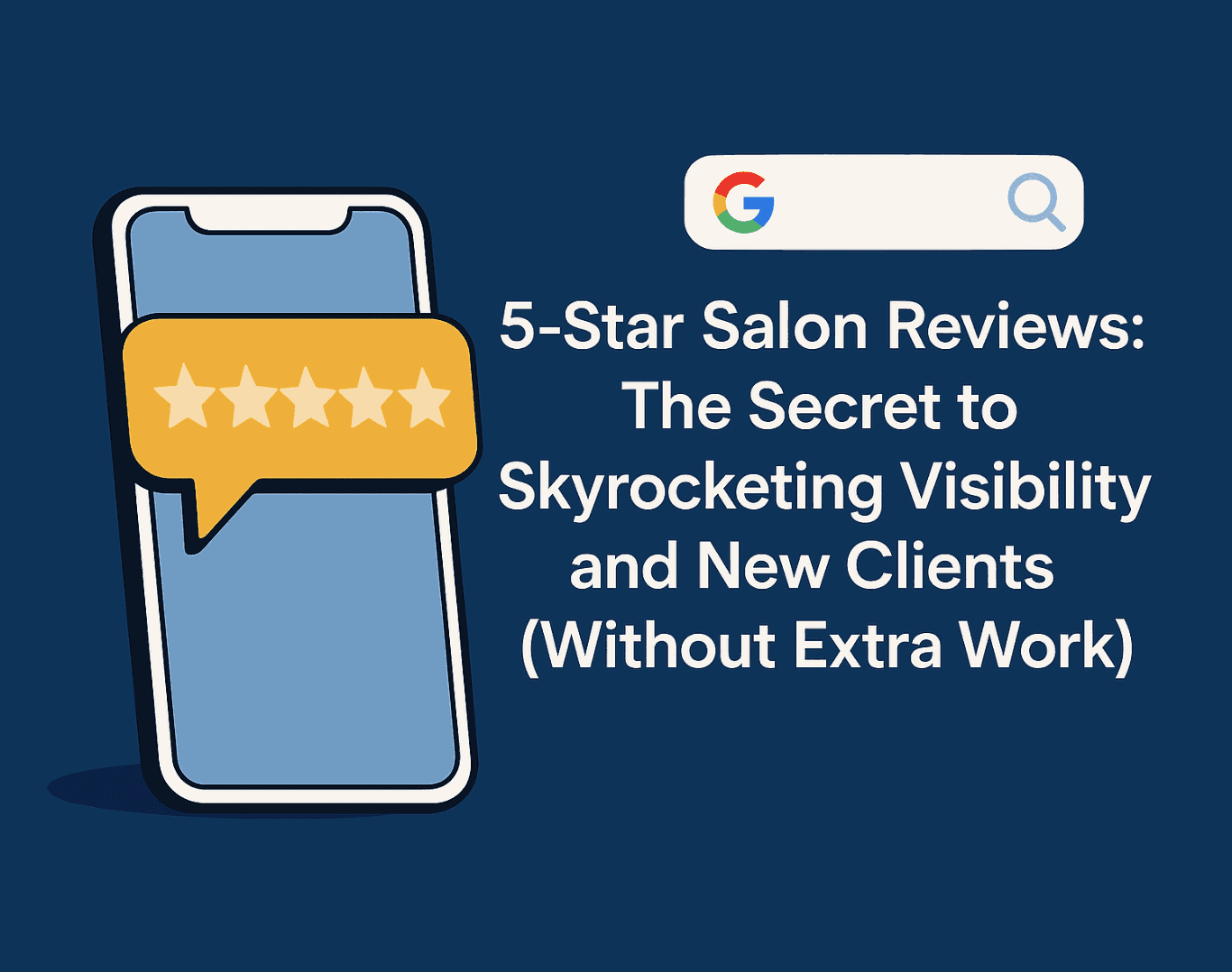 A digital graphic showing a smartphone with a five-star review icon and Google search bar, alongside the headline "5-Star Salon Reviews
