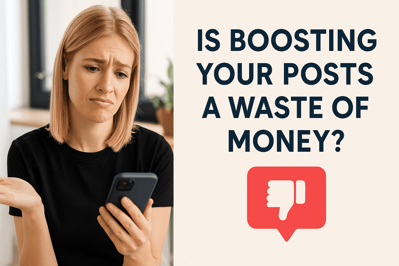 A salon owner looking at a tablet showing a paid social media boost dashboard with clear metrics like reach, clicks, and budget, while stylists work in the background—highlighting smart boosting, not waste.