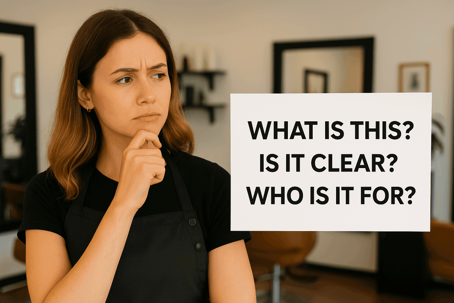 Salon owner in a modern salon holding a sign with the questions: 'What is this?', 'Is it clear?', 'Who is it for?', representing purposeful social media posting.