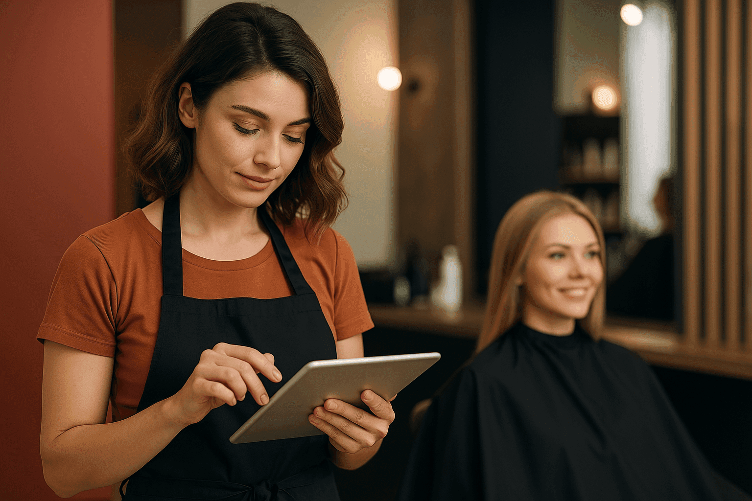 Salon owner at a desk with a laptop comparing two social media posts side by side, with charts showing engagement, reach, and bookings, while stylists work with clients in the background.