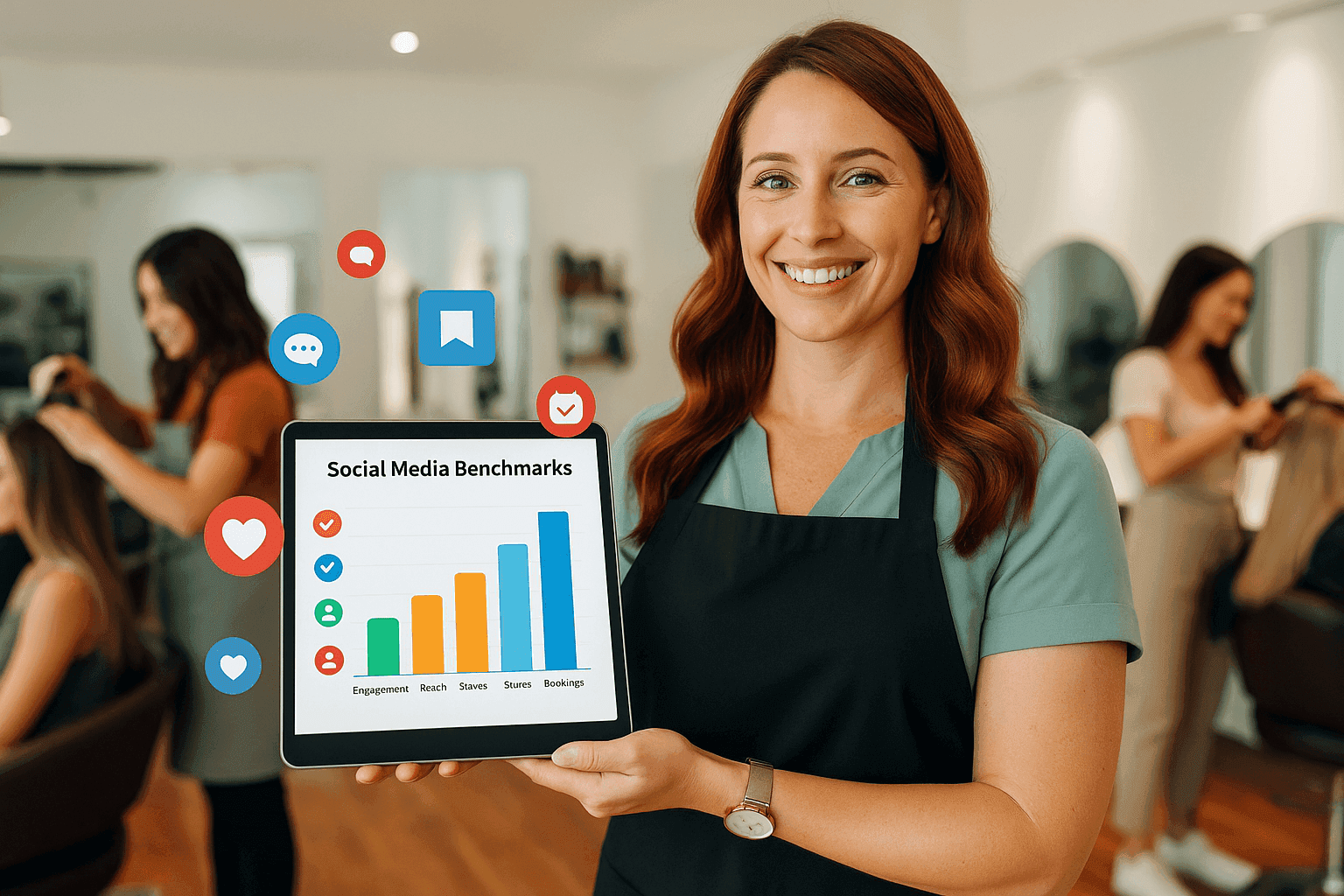 Salon owner holding a tablet showing social media performance benchmarks, with stylists working in the background, symbolising success tracking.