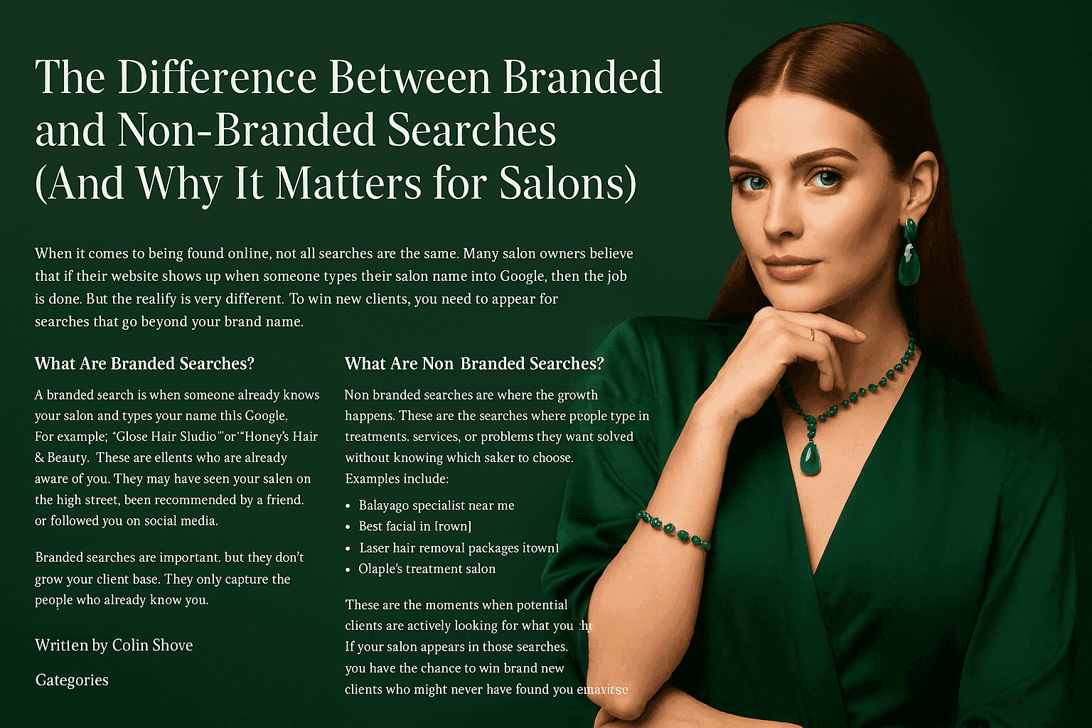 Hero image for blog post titled The Difference Between Branded and Non-Branded Searches (And Why It Matters for Salons), featuring a woman in green with emerald jewellery against a dark green background.