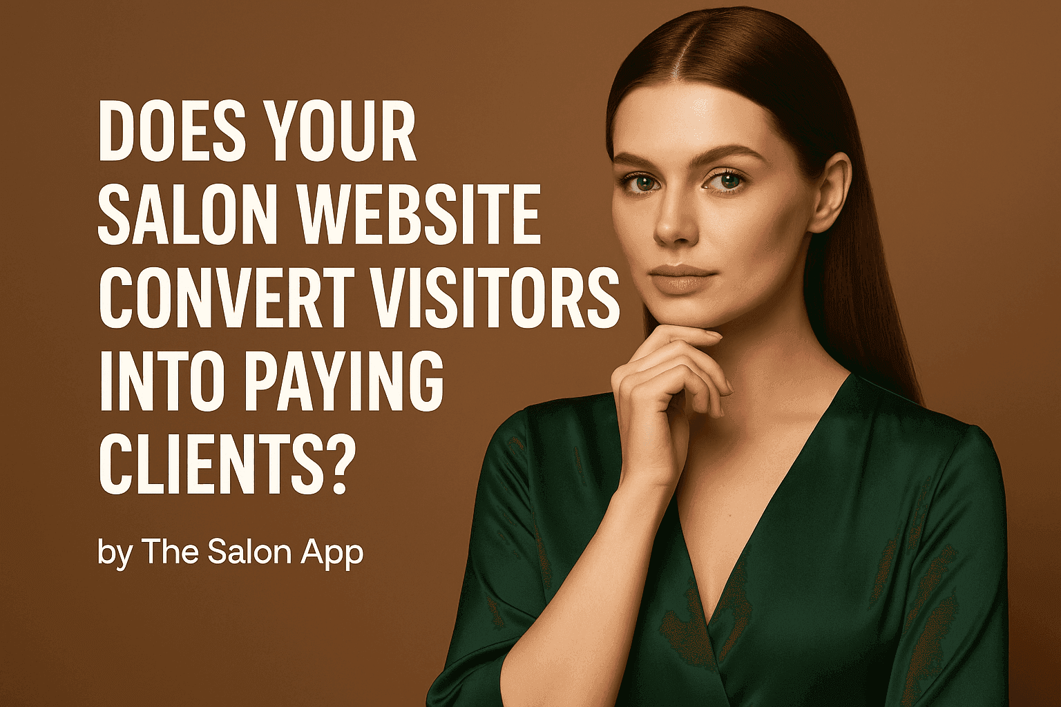 Hero image for blog post Does Your Salon Website Convert Visitors into Paying Clients?, featuring a confident woman in a green satin blouse with bold white text asking the question on a warm brown background.