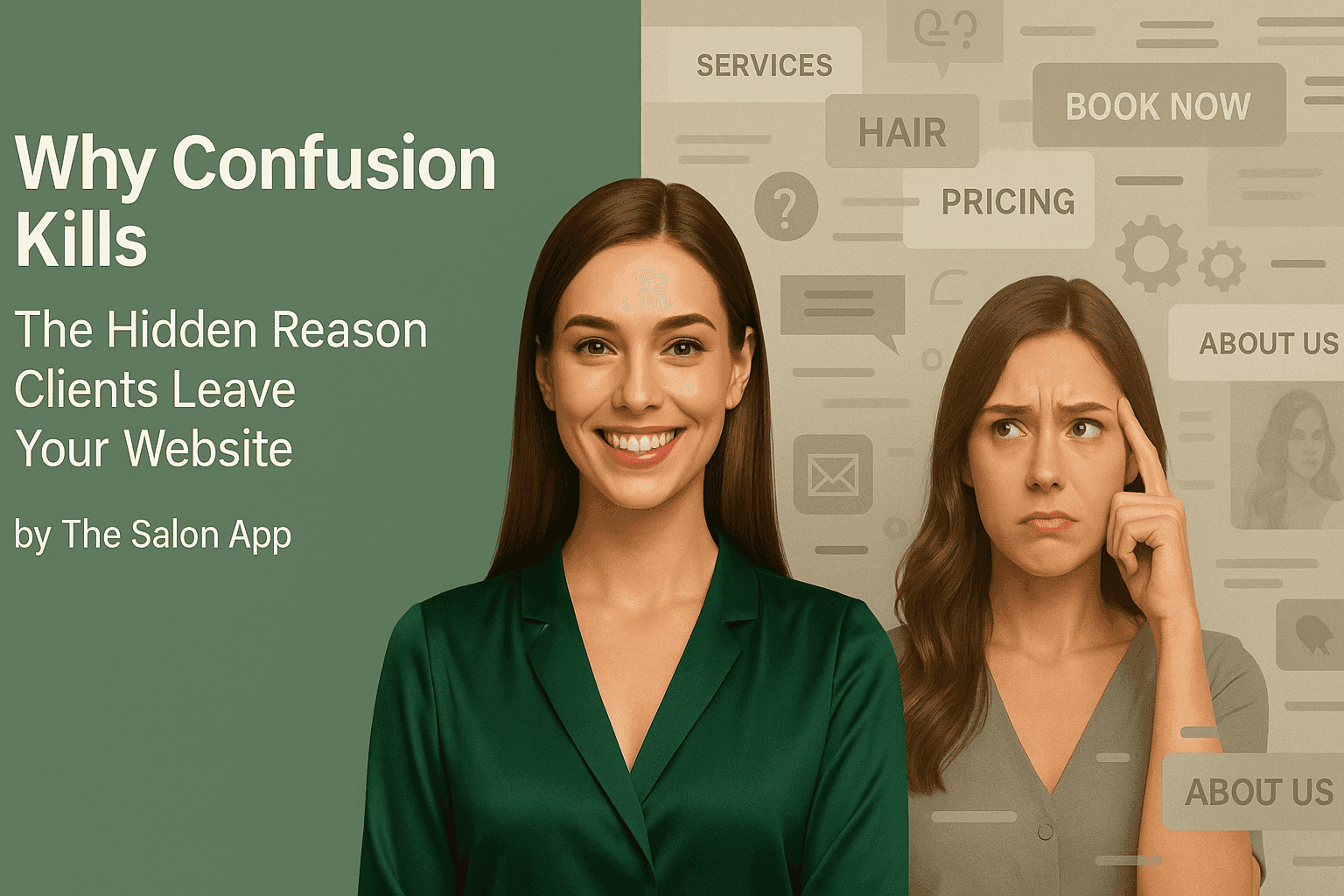 Hero image for blog post Why Confusion Kills, showing a split-screen woman — one side smiling with a clear background, the other side frustrated with cluttered website elements — symbolising clarity versus confusion online.