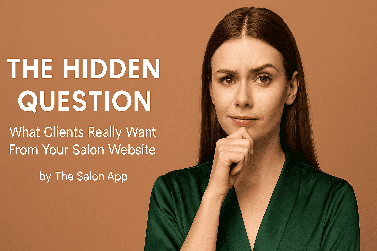 Hero image for blog post The Hidden Question, showing a thoughtful woman in a green blouse on a warm brown background with bold white text asking what clients really want from a salon website.