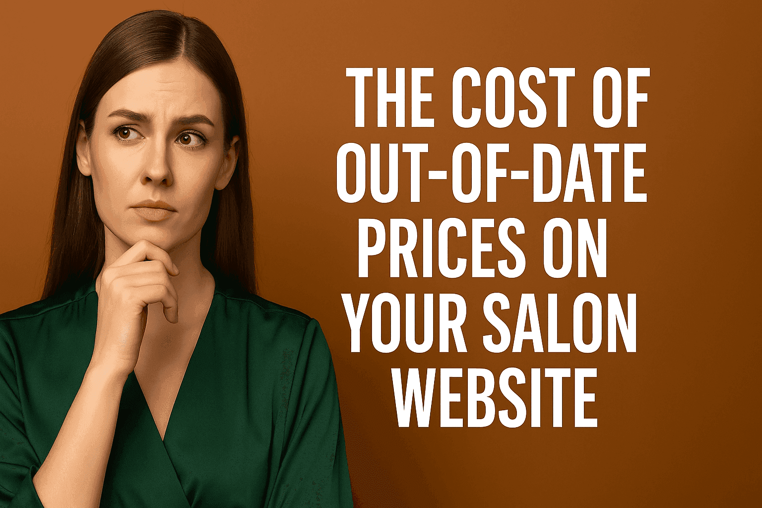 Landscape hero image for blog post The Cost of Out-of-Date Prices on Your Salon Website, featuring a thoughtful woman in a green blouse with bold white text on an orange background.