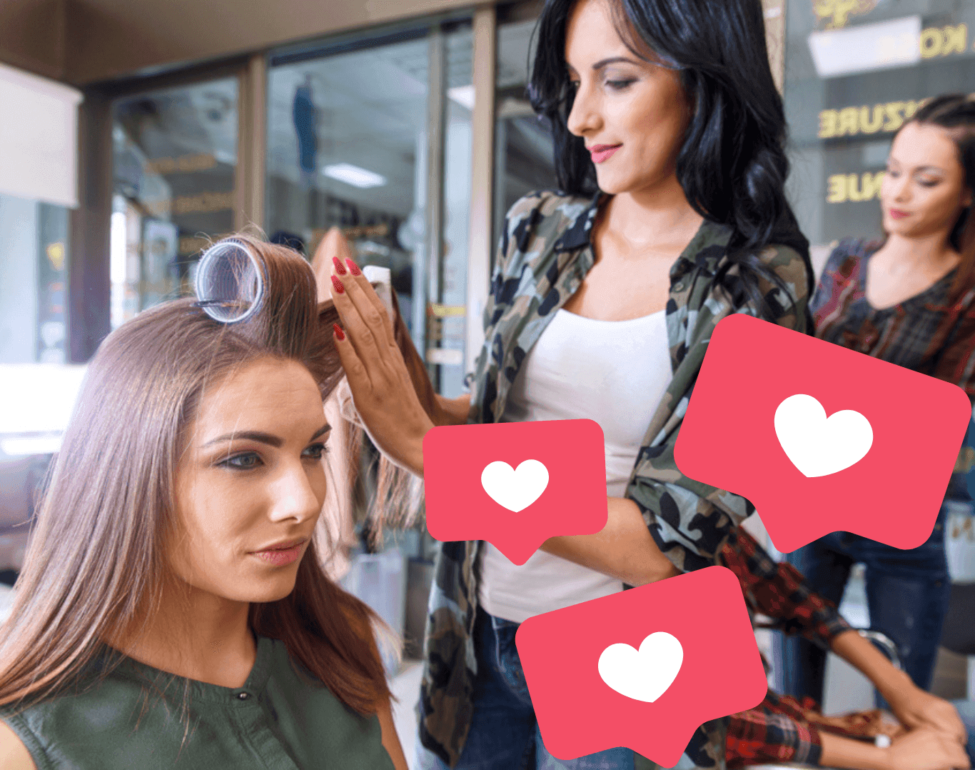 Hairstylist working on a client’s hair in a salon with floating social media like icons, symbolising the connection between online engagement and salon revenue.