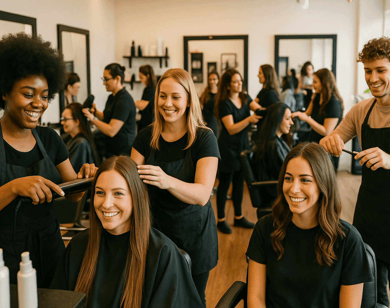 Busy hairdressing salon with multiple happy stylists working on clients, creating a lively and professional atmosphere.