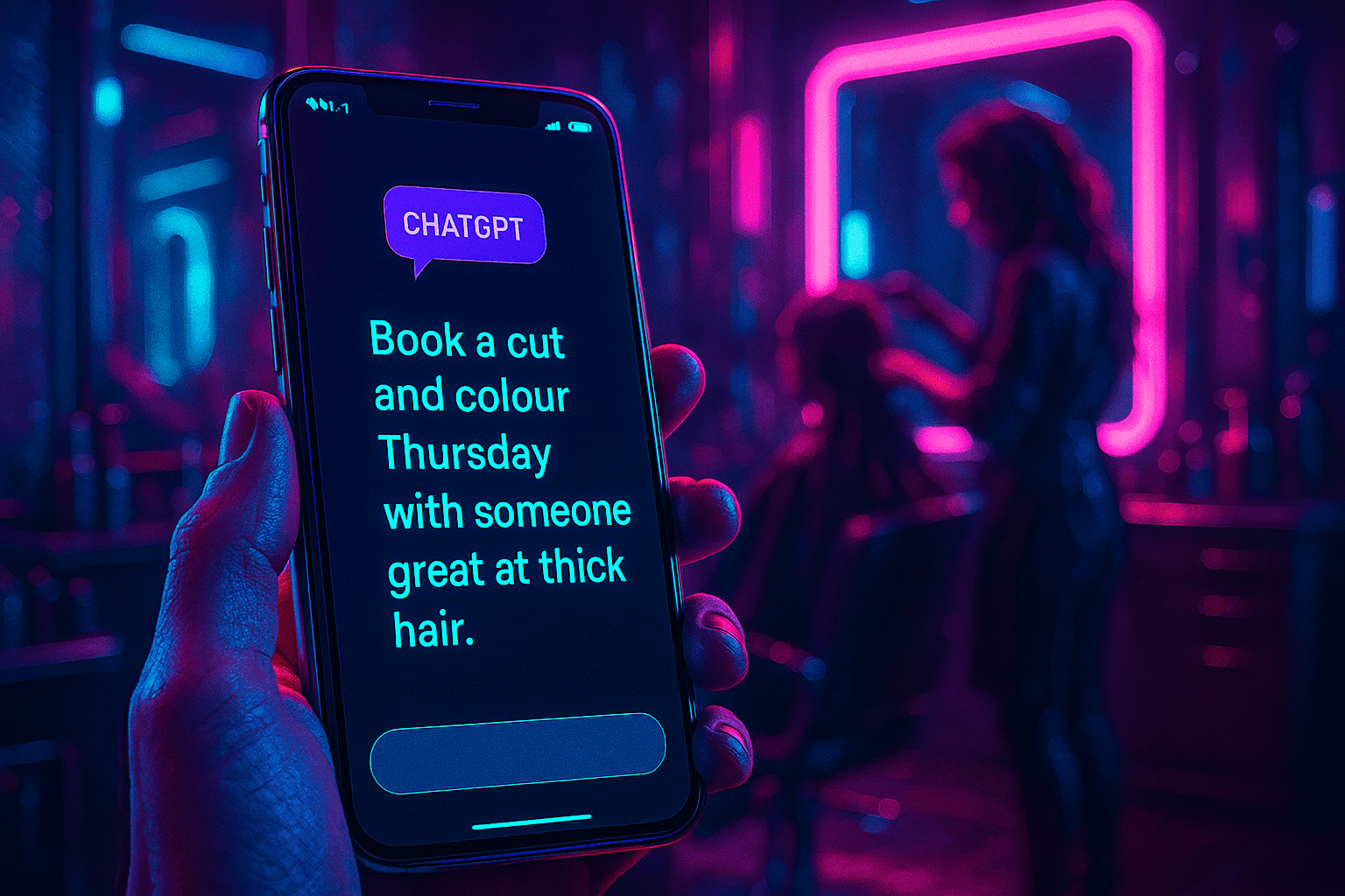 Close-up of a smartphone in a client’s hand displaying a chatbot message about booking a haircut, with a neon-lit salon and stylist working in the blurred background, styled in a cyberpunk aesthetic.