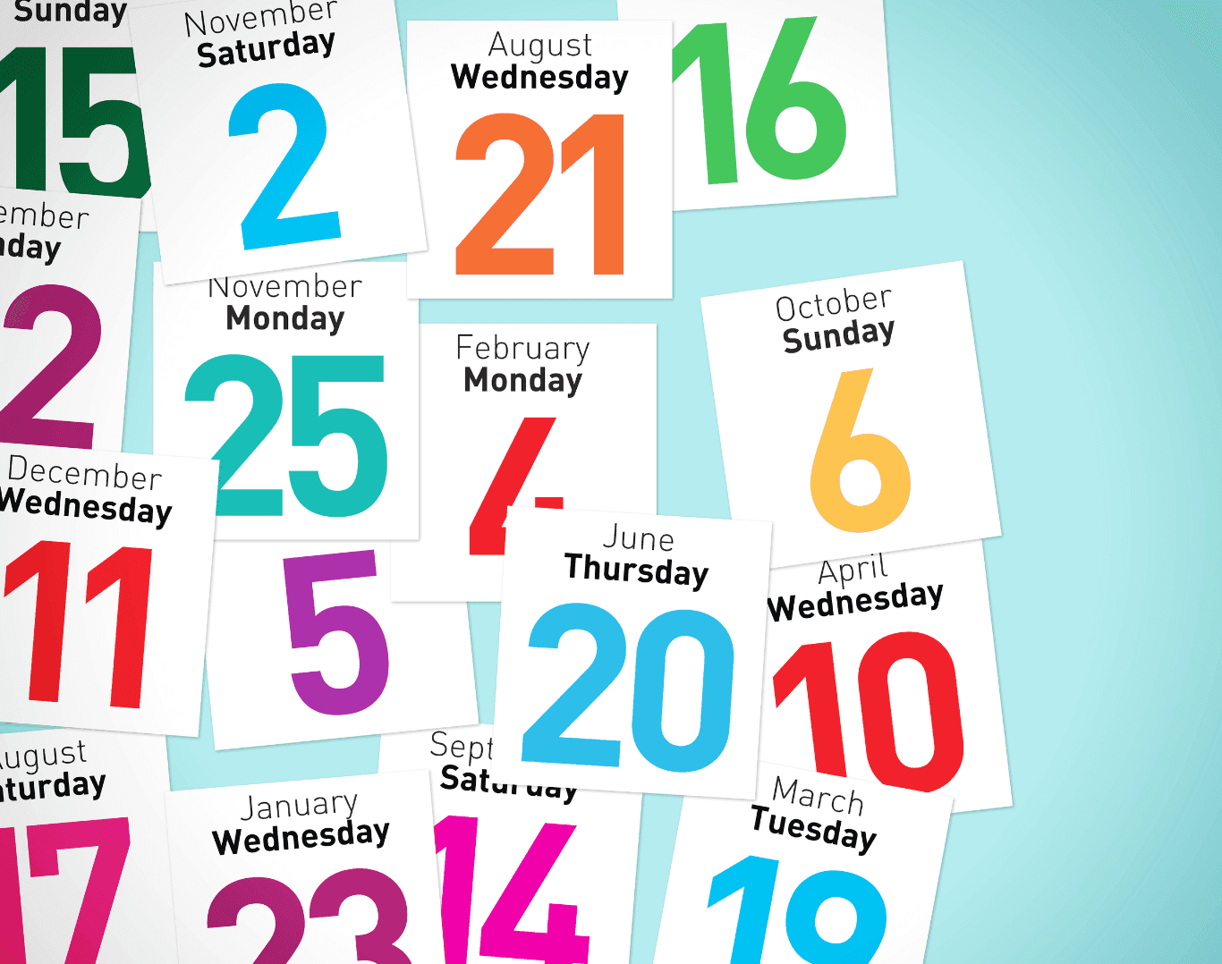 Colourful calendar pages scattered across a background, representing different dates and posting schedules.