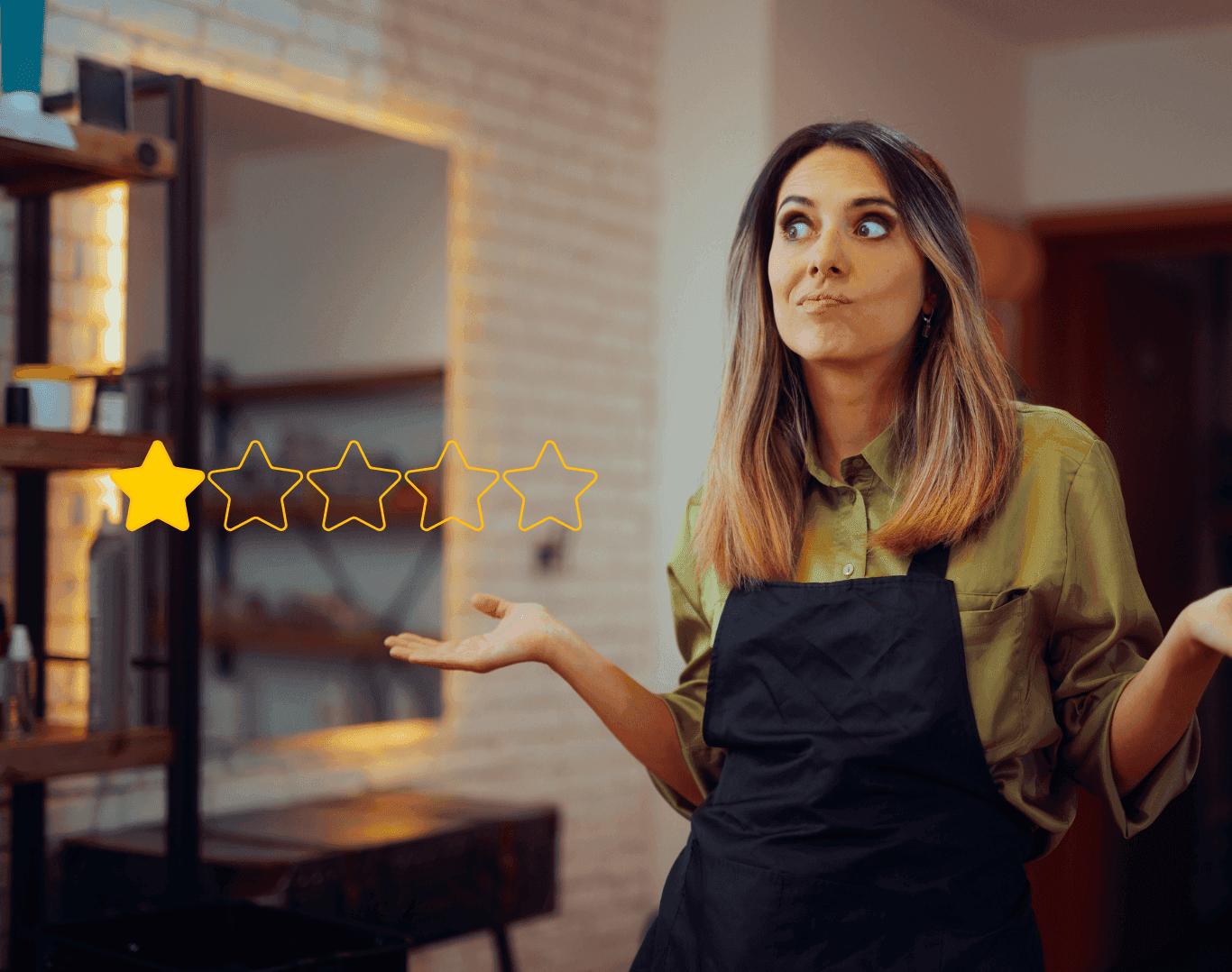 Salon professional looking confused in response to negative review, standing in a modern salon