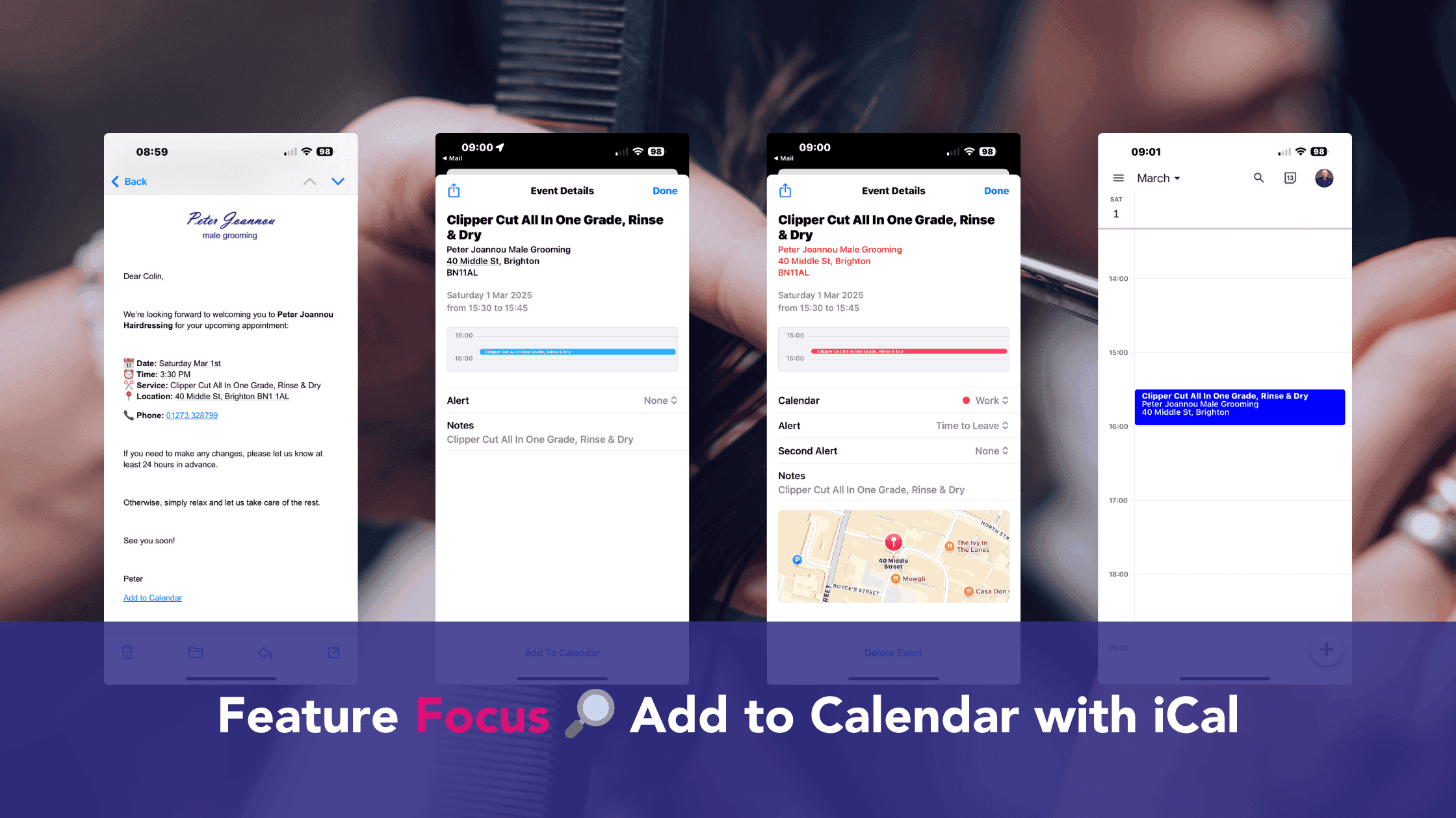 Screenshots of a salon appointment confirmation email and its seamless integration into an iCal calendar, showcasing the Add-to-Calendar feature for salon bookings.