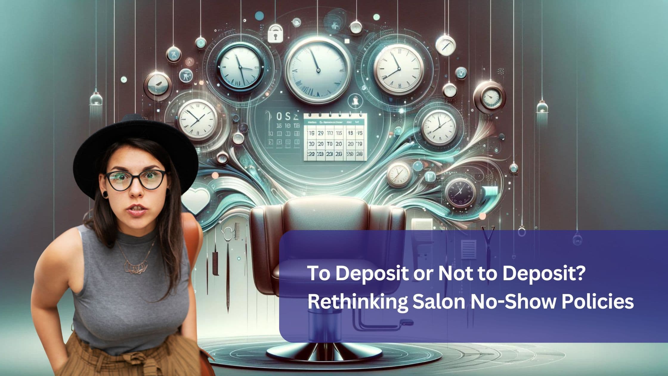 A surprised client in a stylish outfit standing in front of a futuristic salon chair surrounded by clocks and a calendar, symbolizing the impact of no-show policies and appointment deposits.