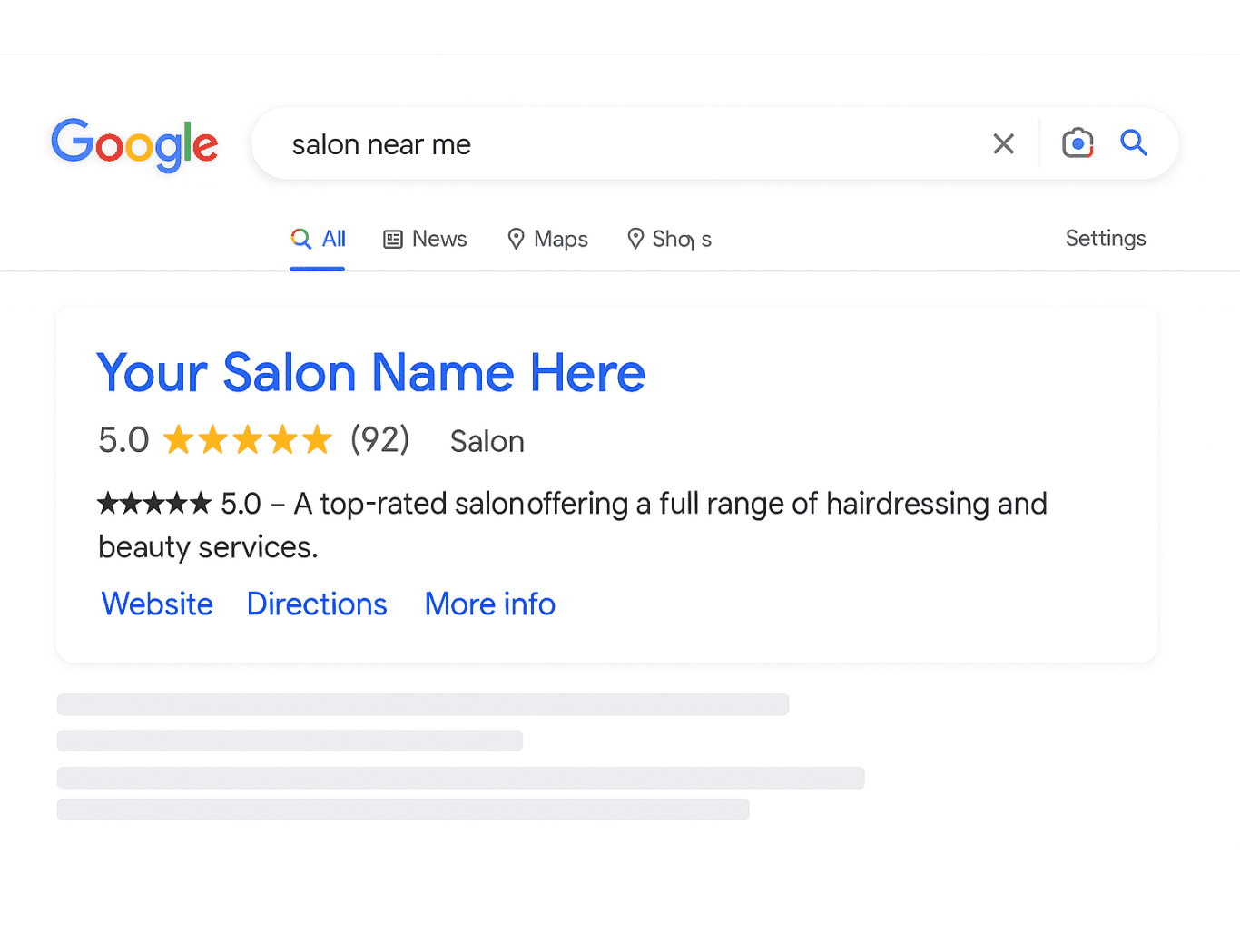 High-resolution Google search result mock-up showing "Your Salon Name Here" ranking at the top for the query “salon near me,” with 5-star reviews, service summary, and booking links.
