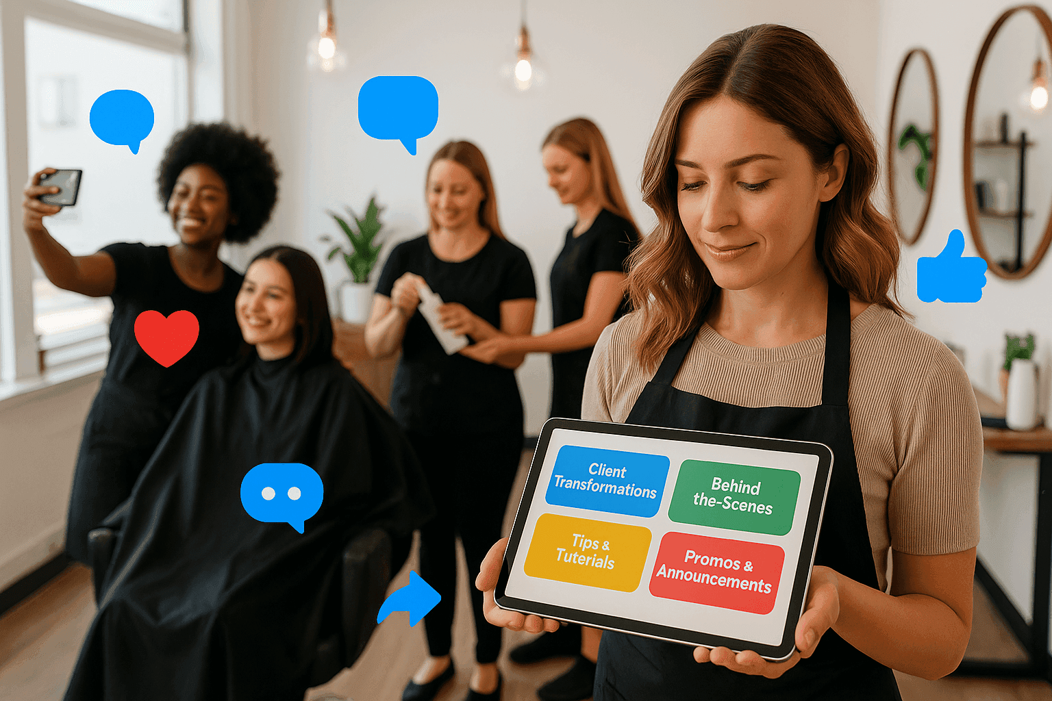 A stylist or salon owner reviewing a visual content board in a brightly lit salon, surrounded by stylists and clients in action, with floating social icons representing different post types.
