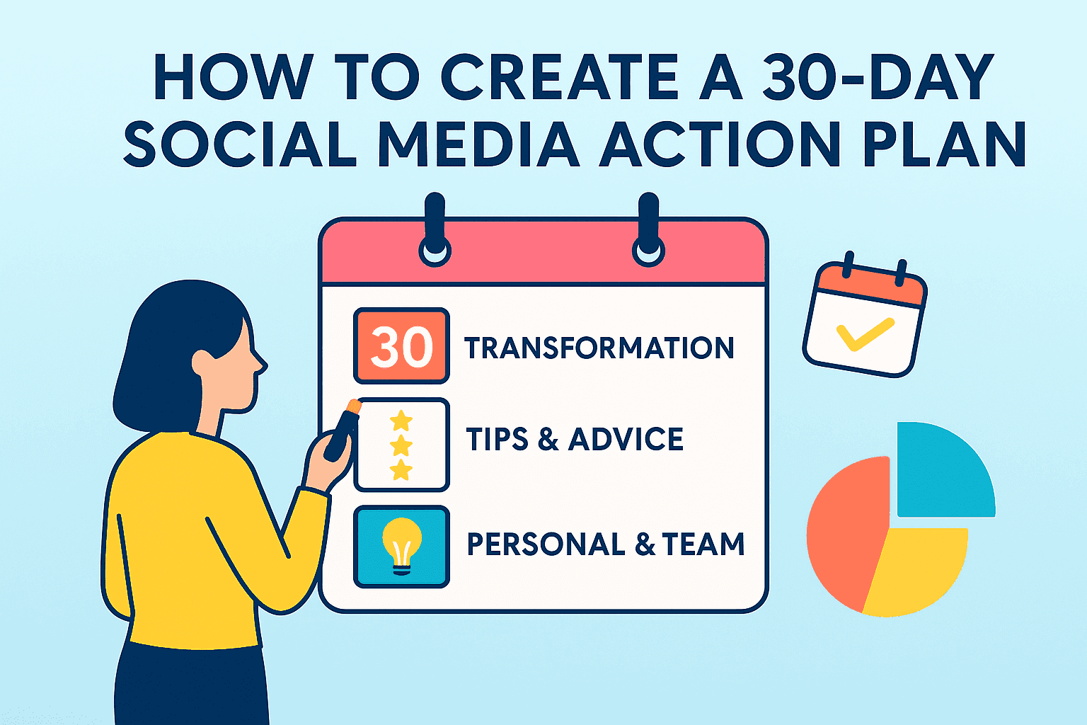 Illustrated calendar showing a 30-day social media action plan with sections for Transformation, Tips & Advice, and Personal & Team posts, symbolising structured salon content planning.