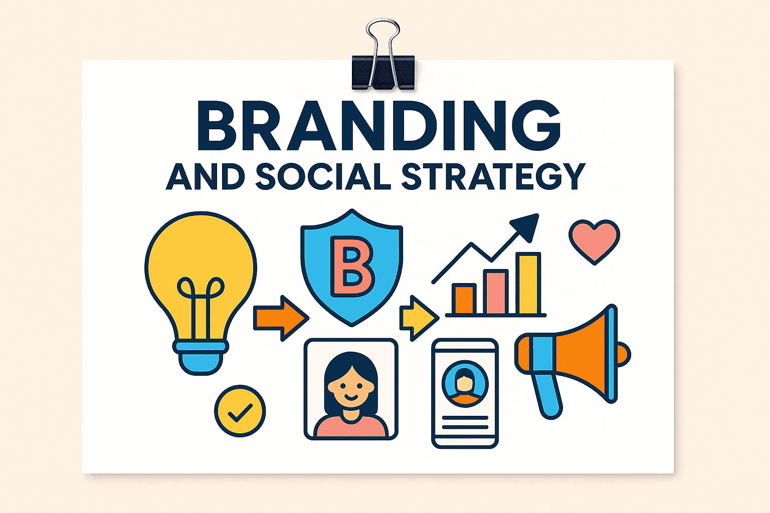 Vector illustration showing branding and social strategy with icons including a lightbulb, shield with letter B, growth chart, mobile profile, and megaphone, symbolising ideas, identity, results, and communication