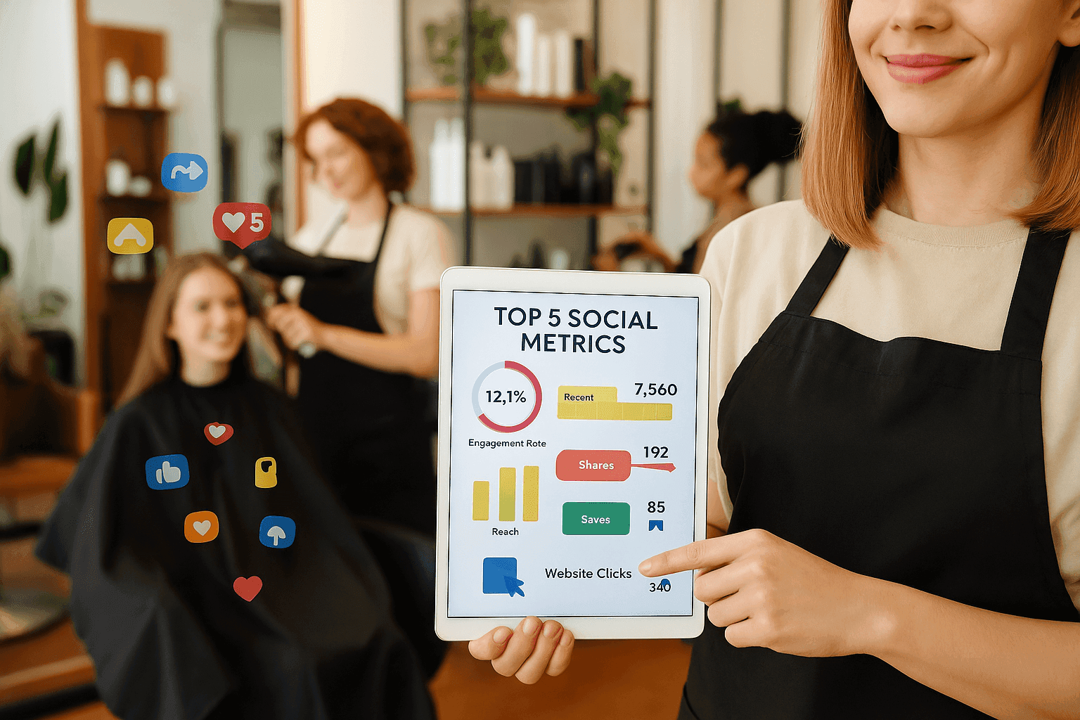 Modern salon with stylists working on clients while a salon owner holds a tablet showing the top five social media metrics — engagement rate, reach, shares, saves, and website clicks.