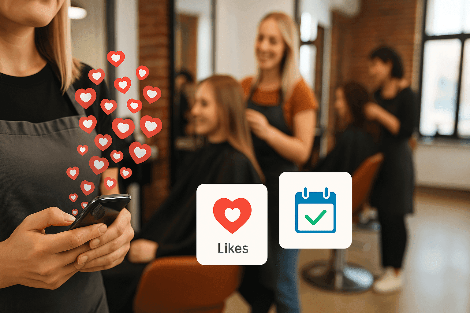 In a bright salon setting, a stylist holds a device showing many likes and hearts for a social post, while nearby icons or visuals illustrate real outcomes like appointments or bookings.