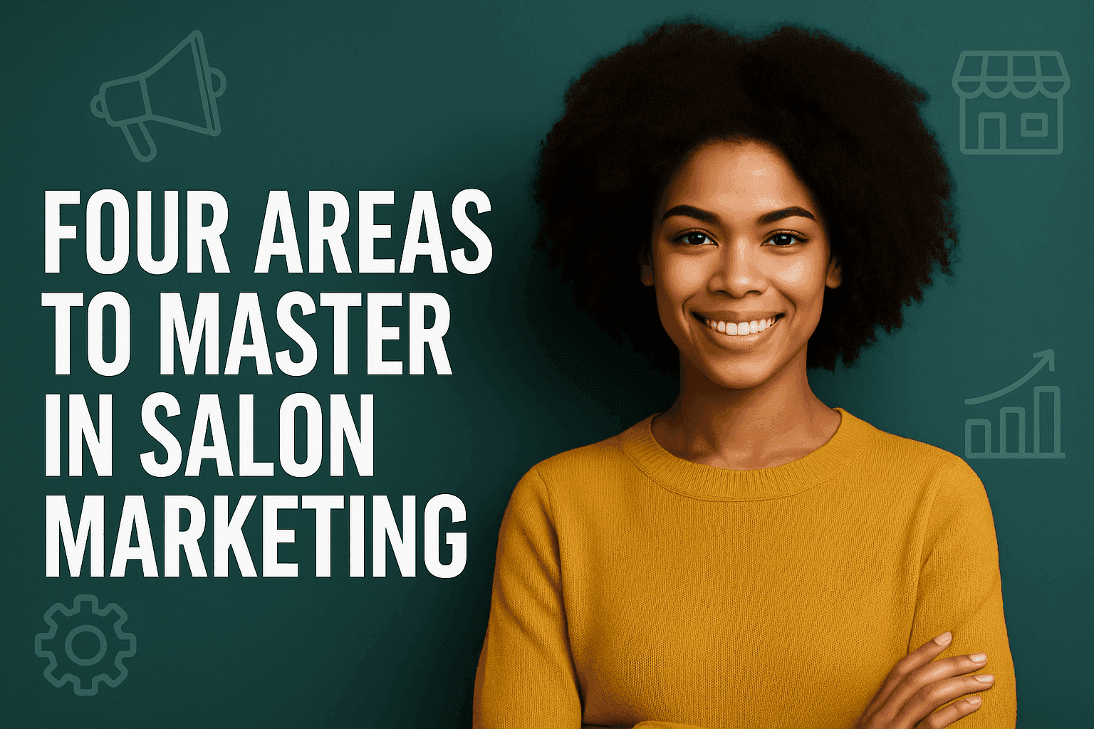Hero image for blog post Four Areas to Master in Salon Marketing, featuring a smiling woman in a mustard yellow sweater against a teal background with bold white text and subtle marketing icons.