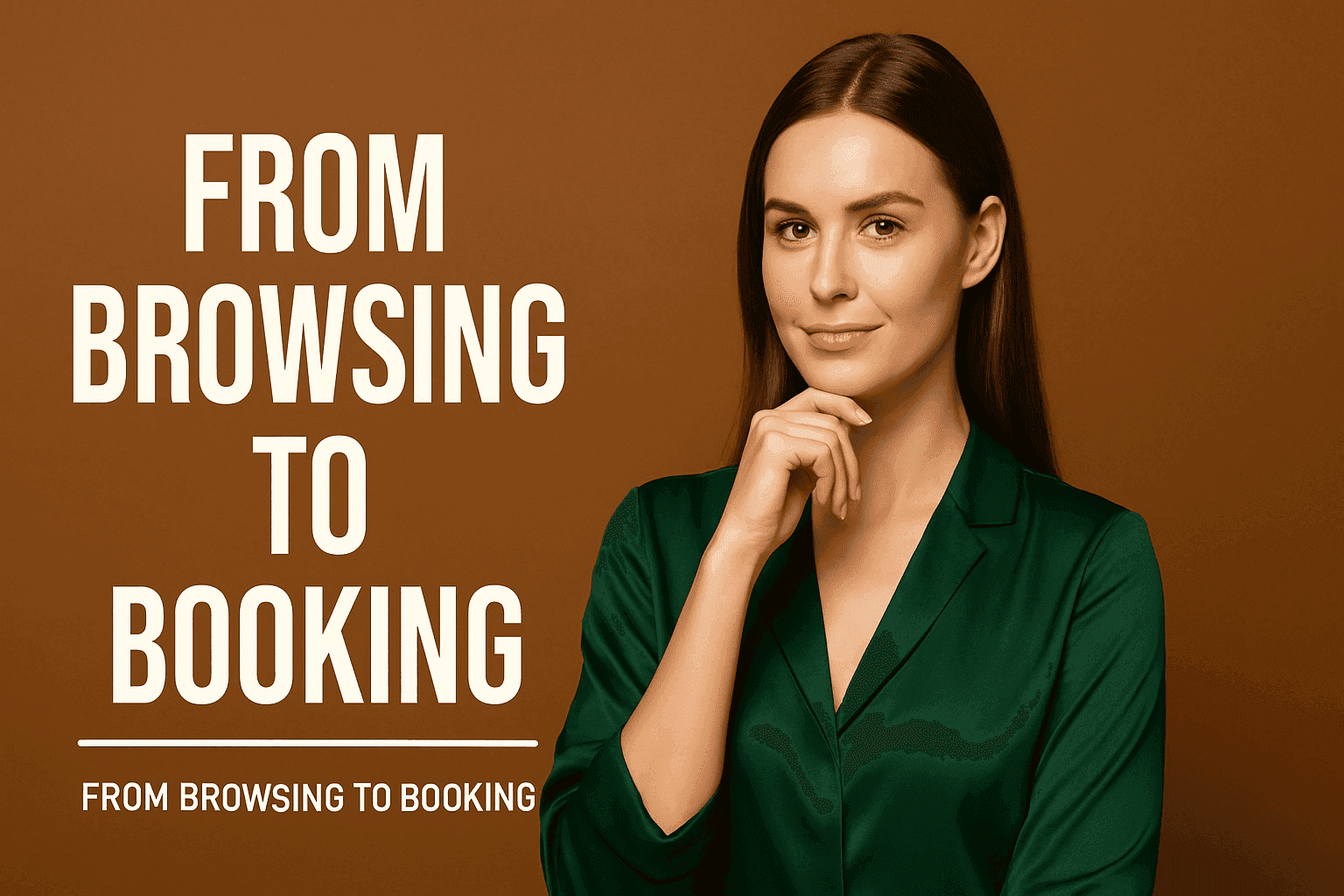 Hero image for blog post From Browsing to Booking, showing a confident woman in a green blouse beside bold white text highlighting the shift from casual website visits to confirmed salon bookings.