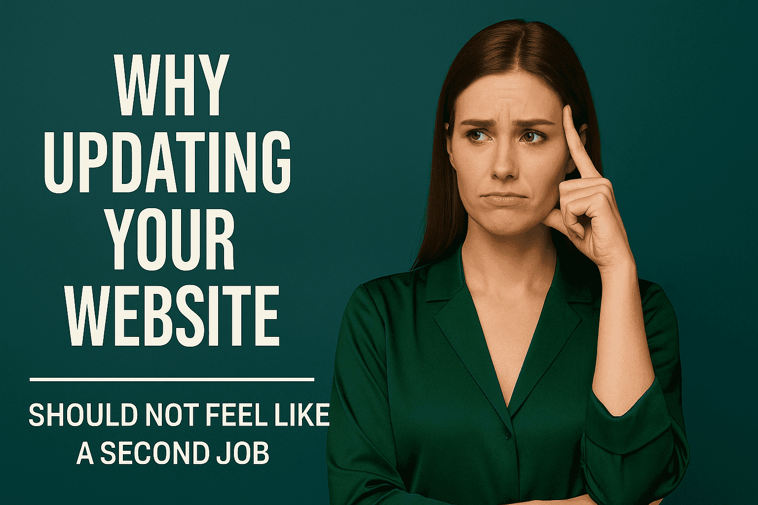 Hero image for blog post Why Updating Your Website Should Not Feel Like a Job, showing a thoughtful woman in a green blouse on a teal background with bold white text highlighting the message.