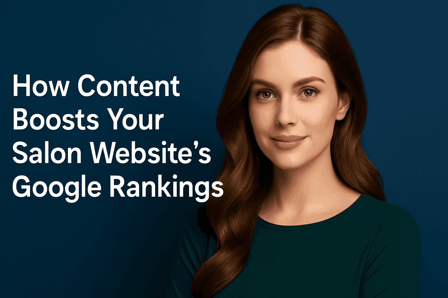 Hero image for blog post How Content Boosts Your Salon Website’s Google Rankings, featuring a confident woman in a green blouse on a deep blue background with bold white text.