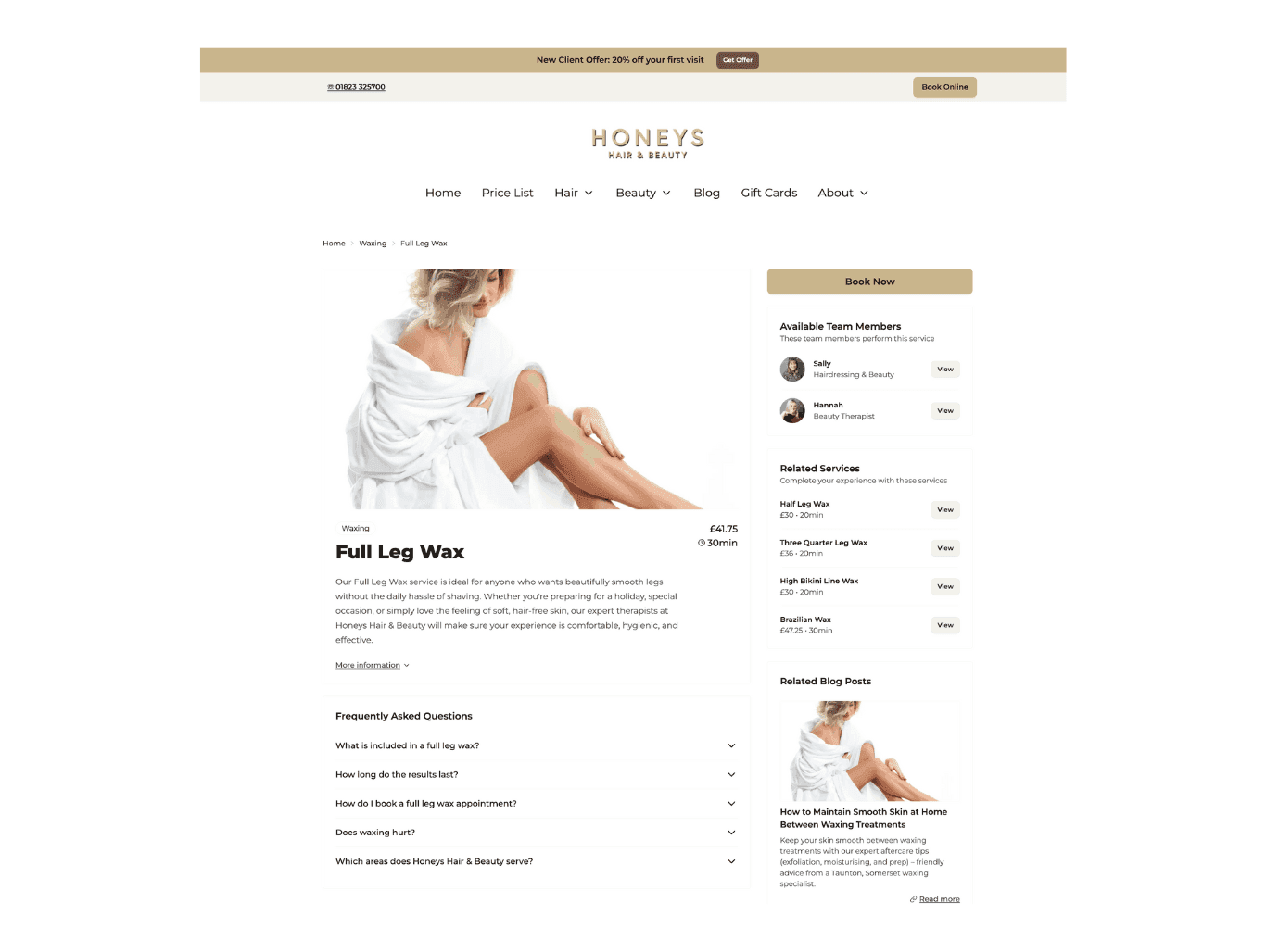 Homepage mock-up of Honey’s Hair and Beauty salon website, showcasing a clean, modern layout with multiple service categories, individual treatment links, and clear navigation—highlighting the benefits of a content-rich salon website.