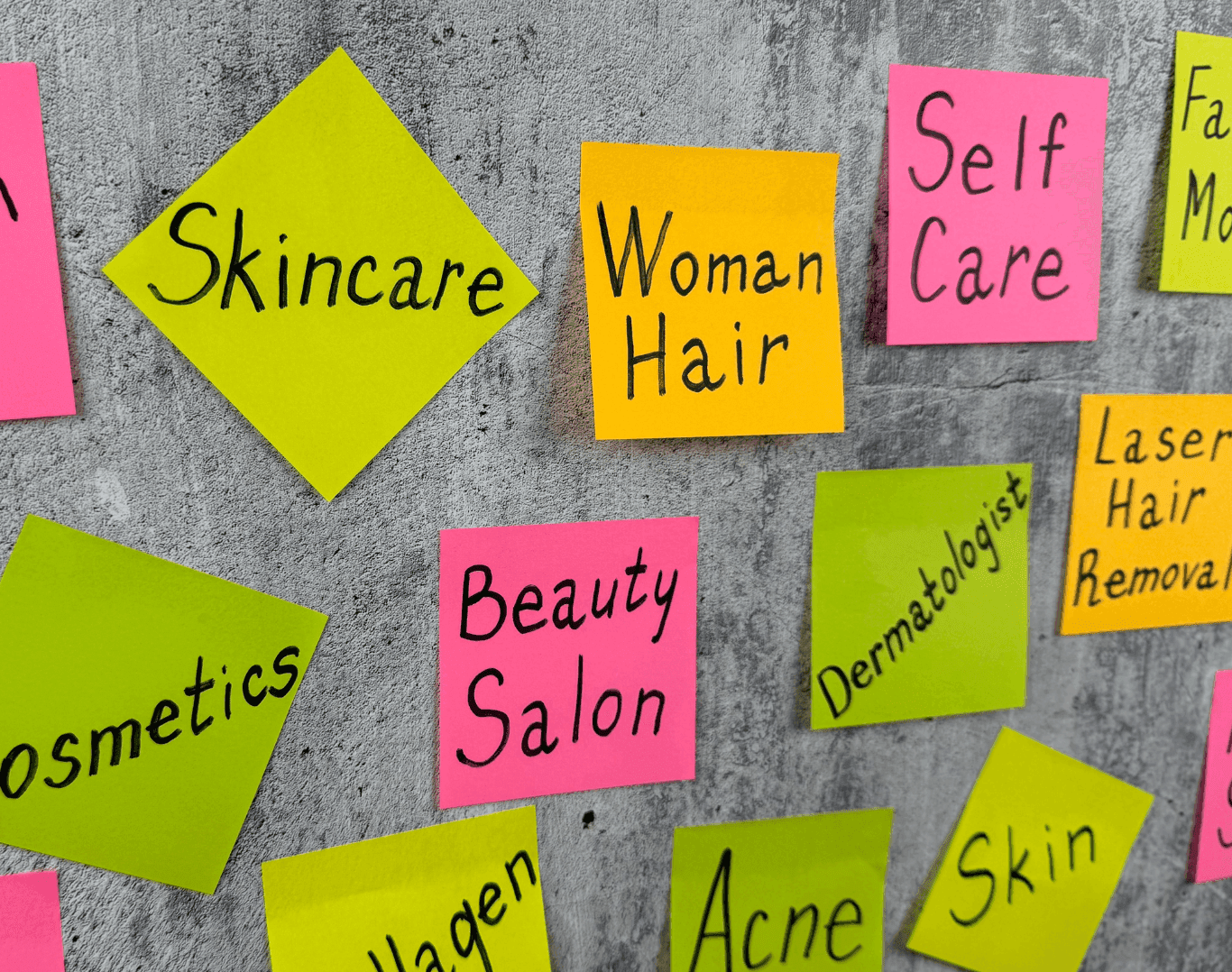 Sticky notes on a wall with words like Beauty Salon, Skincare, Hair, and Cosmetics, representing keywords used in salon marketing and SEO.