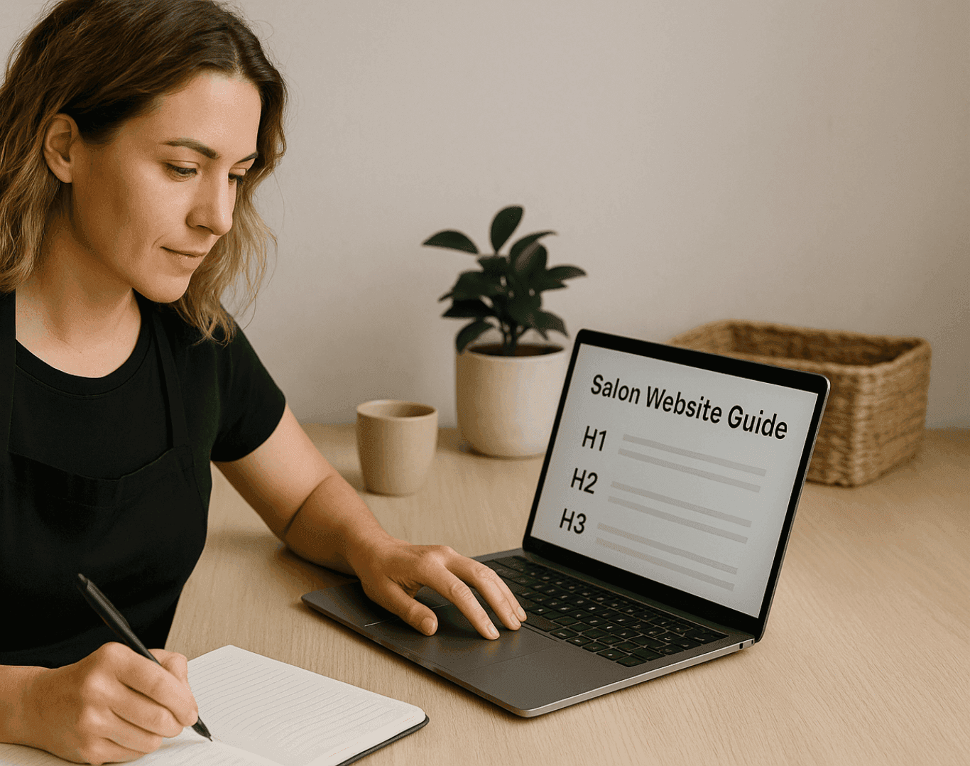A salon owner in her 30s sits at a tidy wooden desk, writing in a notebook
