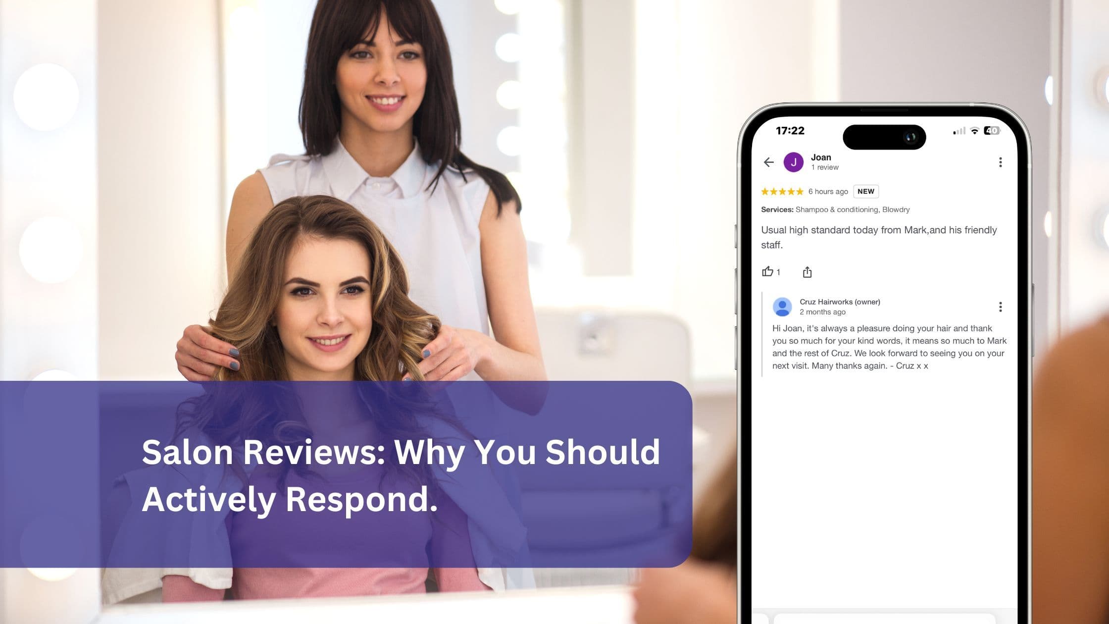 A happy salon client with her stylist, alongside a smartphone screen displaying a positive Google review and a salon’s response, highlighting the importance of engaging with client feedback.
