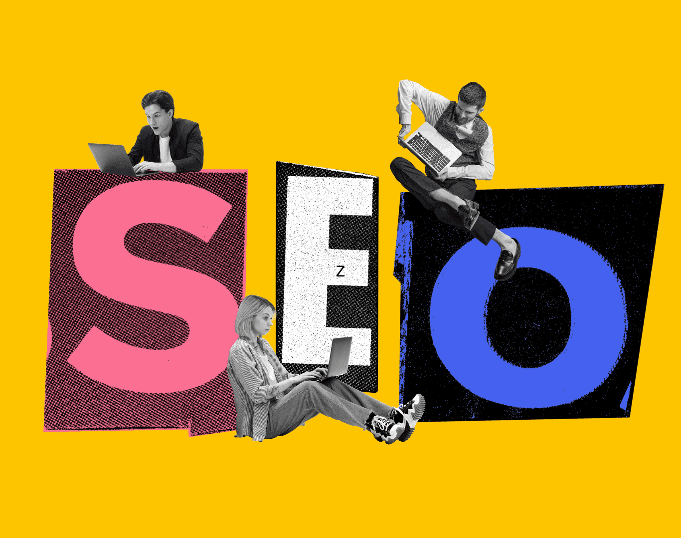 Creative graphic of people working on laptops sitting on large SEO letters, symbolising digital marketing and search engine optimisation for businesses.