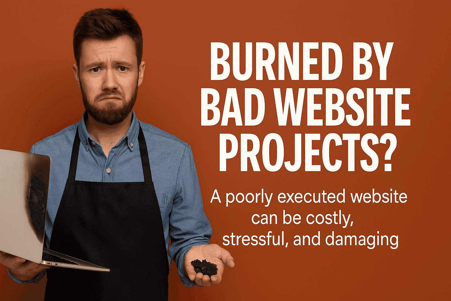 Hero image for blog post Burned By Bad Website Projects?, showing a frustrated man in an apron holding a damaged laptop and debris, with bold white text on a burnt orange background.