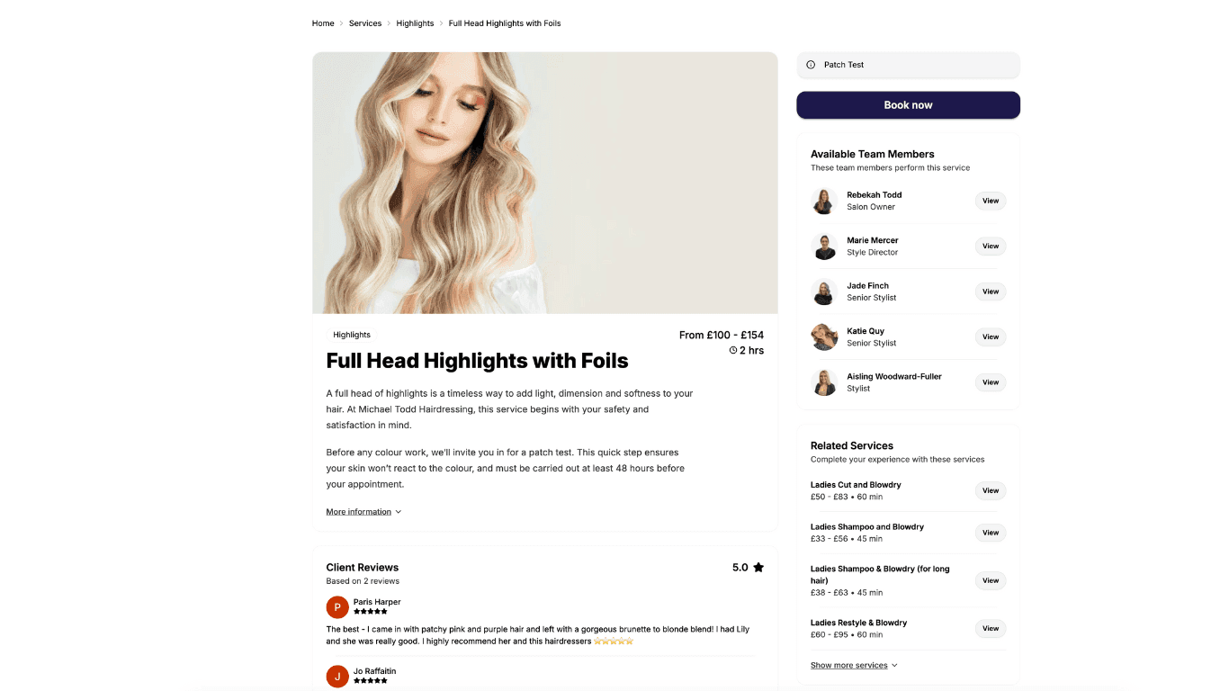 Hero image of a salon website service page showing Full Head Highlights with Foils, including pricing, stylist options, and client reviews, used for the blog How Detailed Service Pages Bring in More Clients.
