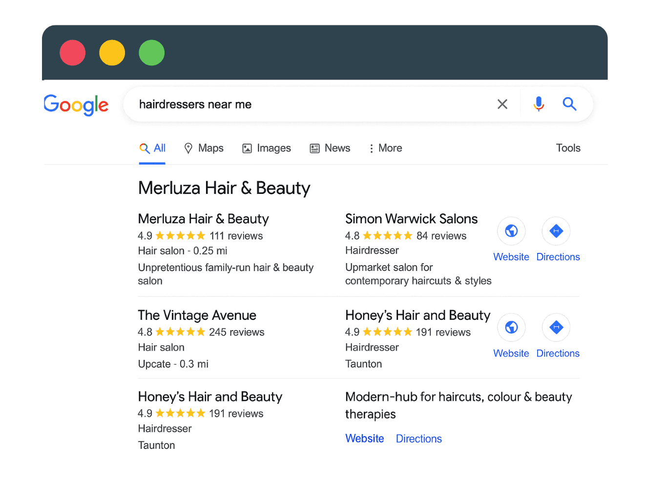 Screenshot of Google search results for “hairdressers near me,” showing Merluza Hair & Beauty, Simon Warwick Salons, The Vintage Avenue, and Honey’s Hair and Beauty ranking at the top with high star ratings and review counts.